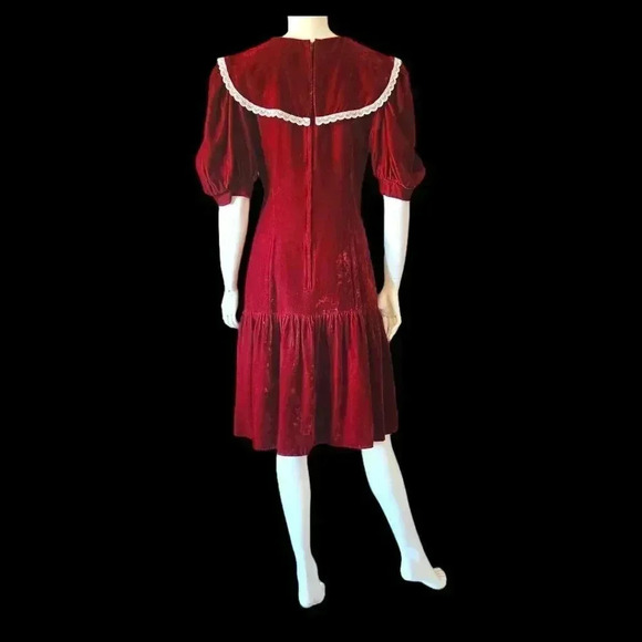 VINTAGE 80s Gunne Sax Red Velvet & Lace Midi Party Dress M - Picture 4 of 15
